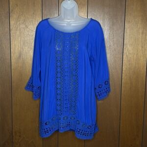 Solitaire Swim Tunic Cover Up Women‎ L Blue Crochet Boho Resortcore Beachwear
